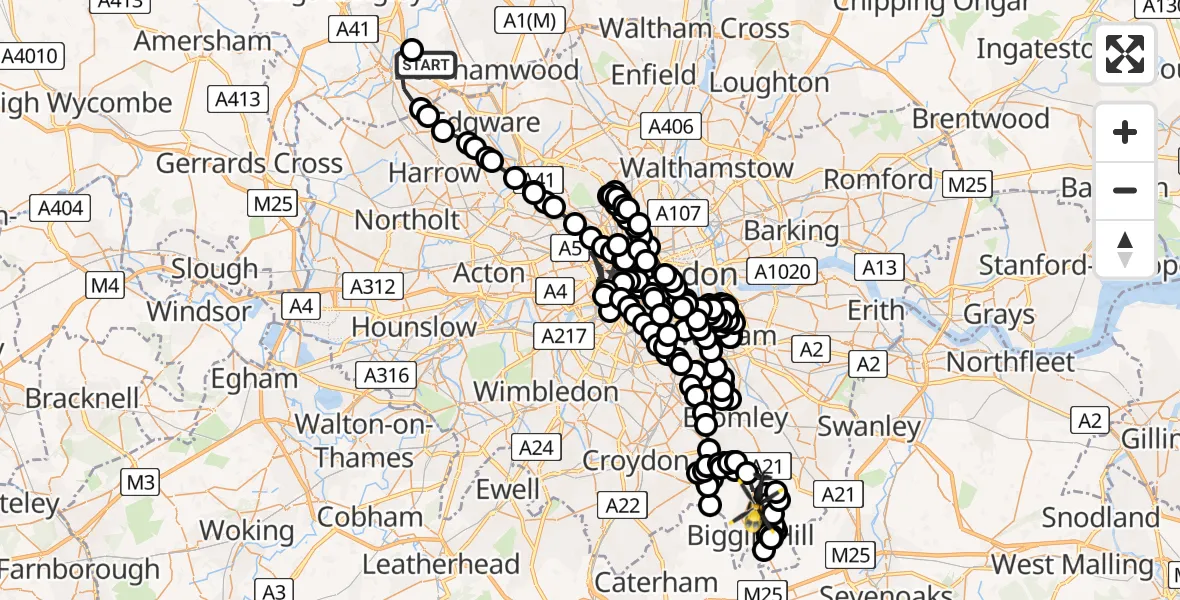 Flight path map showing Police Helicopter route from Aldenham to London Biggin Hill Airport