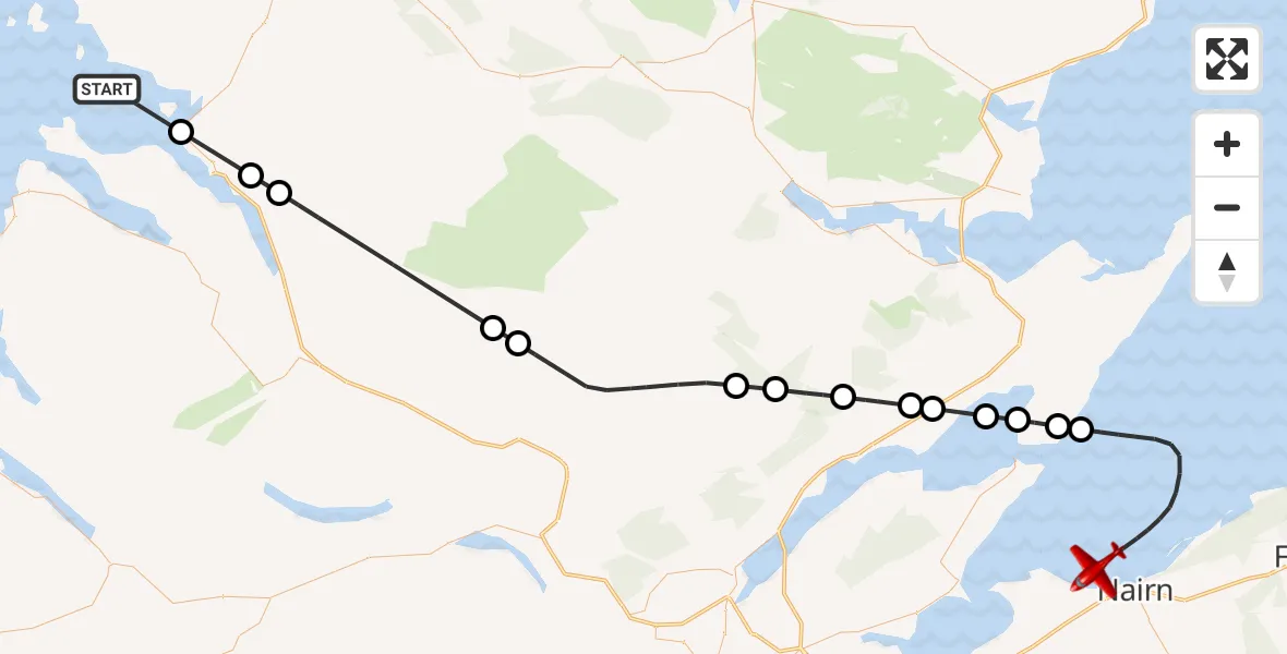 Flight path map showing Air Ambulance Aircraft route from Inner Seas to North Sea