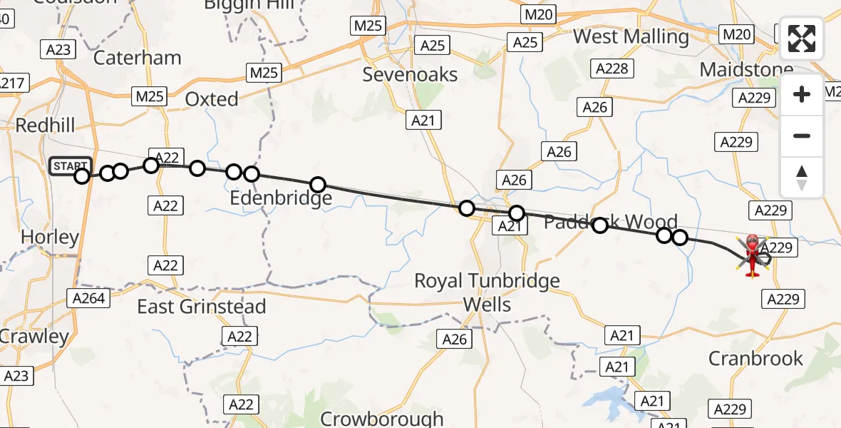 Flight path map showing Air Ambulance Helicopter route from Redhill Aerodrome to Maidstone