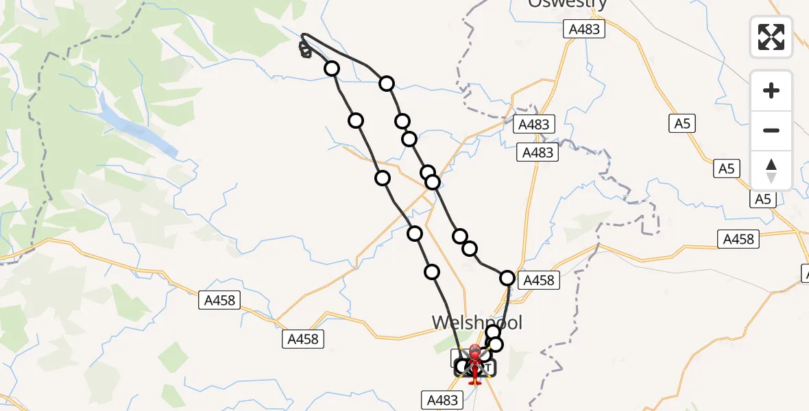 Flight path map showing Air Ambulance Helicopter route from Welshpool Airport to Welshpool Airport