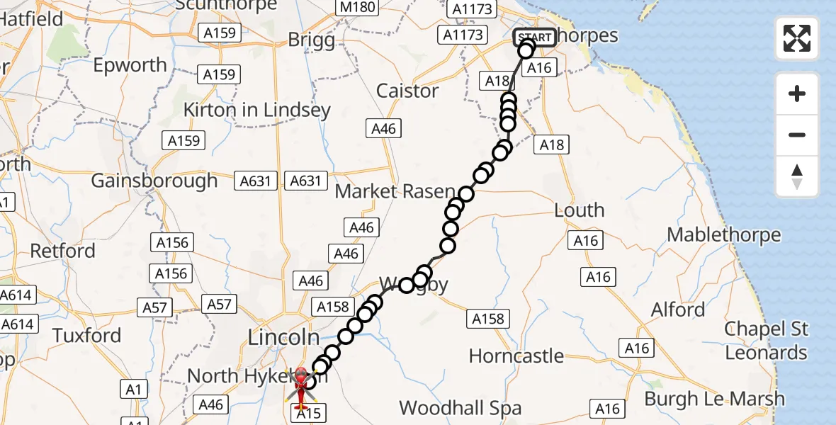 Flight path map showing Air Ambulance Helicopter route from Grimsby to North Kesteven
