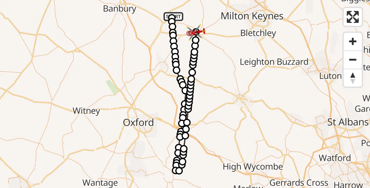 Flight path map showing Air Ambulance Helicopter route from Turweston Aerodrome to Buckingham