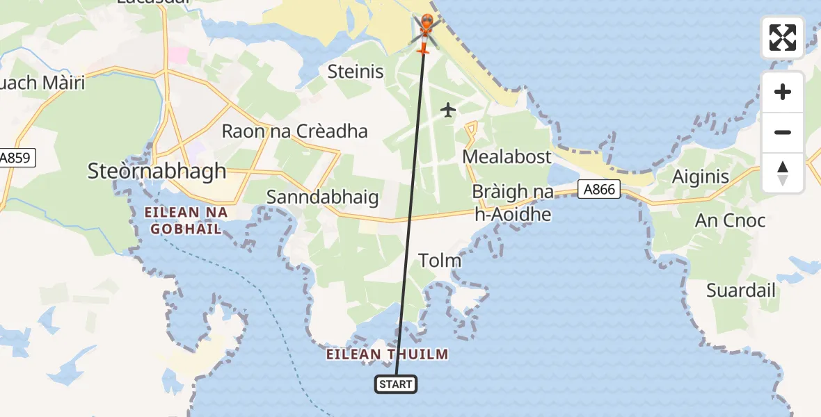 Flight path map showing Coastguard Helicopter route from Inner Seas to Stornoway Airport