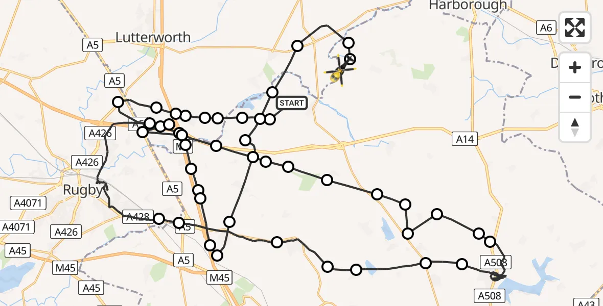 Flight path map showing Police Helicopter route from Welford to Harborough