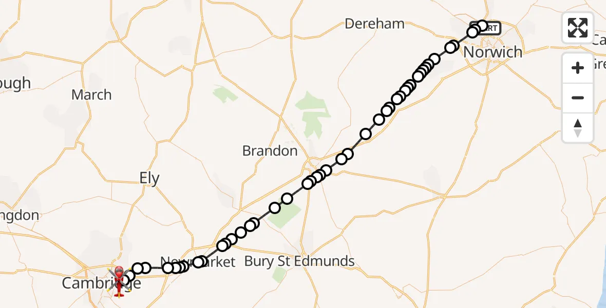 Flight path map showing Air Ambulance Helicopter route from Norwich Airport to Cambridge City Airport