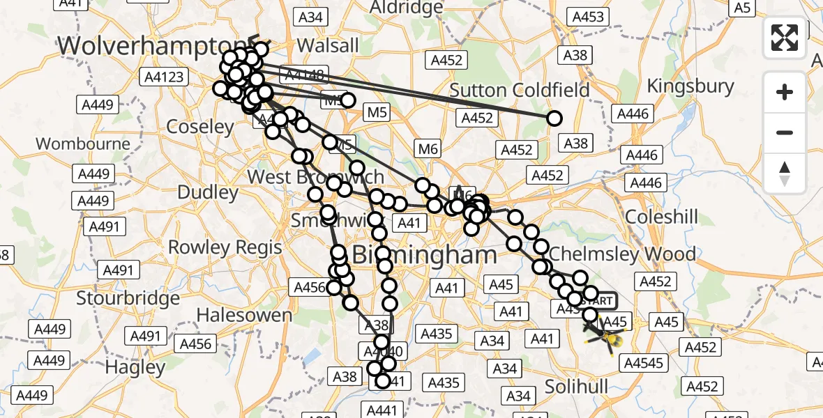 Flight path map showing Police Helicopter route from Birmingham Airport to Solihull