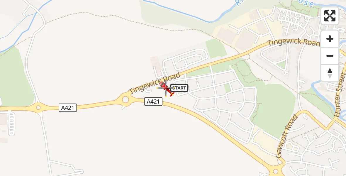Flight path map showing Air Ambulance Helicopter route from Buckingham to Buckingham