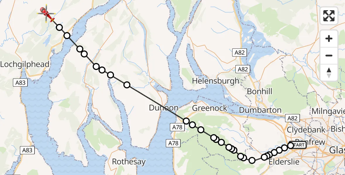 Flight path map showing Air Ambulance Helicopter route from Glasgow Airport to Argyll and Bute