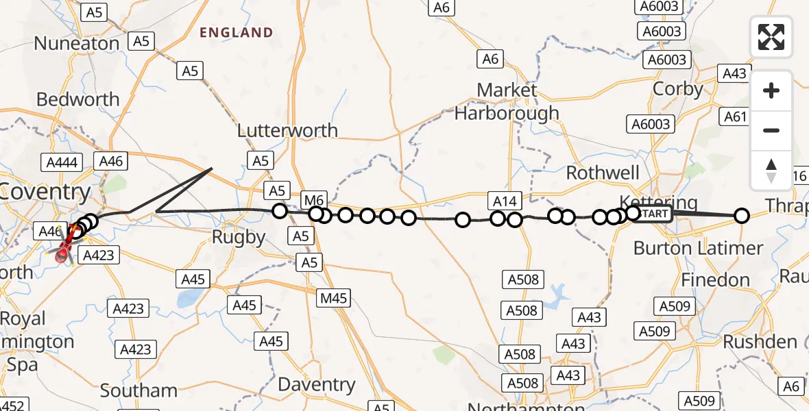 Flight path map showing Air Ambulance Helicopter route from Kettering to Coventry Airport
