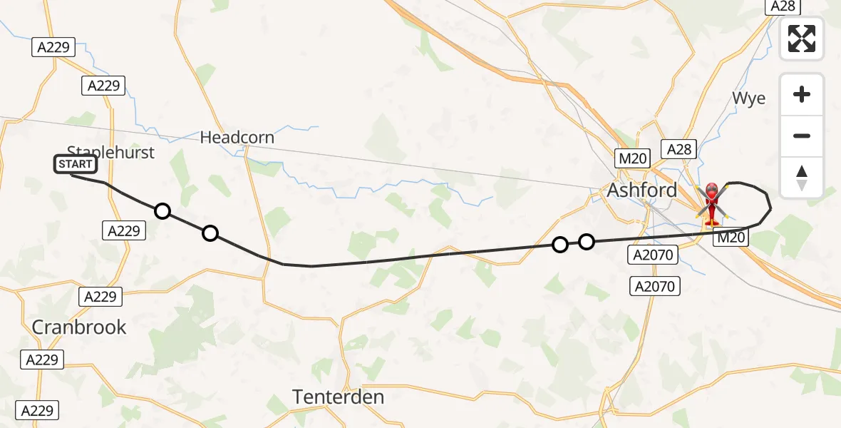 Flight path map showing Air Ambulance Helicopter route from Maidstone to Ashford