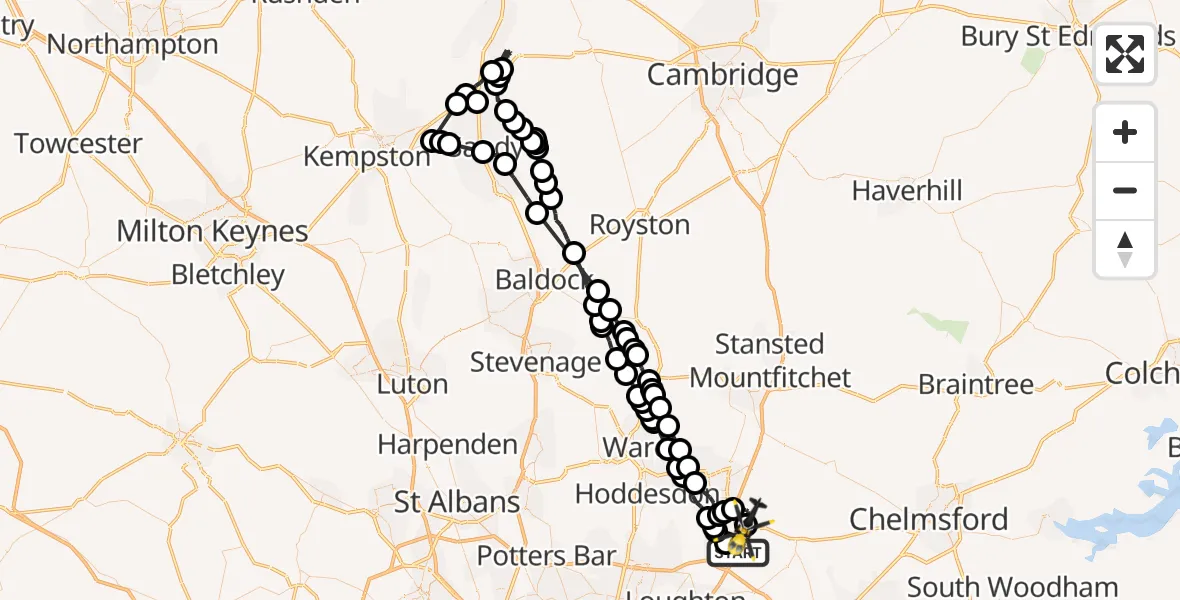Flight path map showing Police Helicopter route from Coopersale to North Weald Airfield