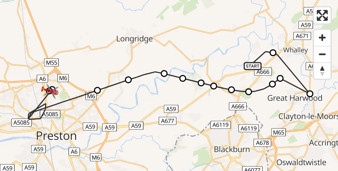 Flight path map showing Air Ambulance Helicopter route from Brockhall Village to Royal Preston
