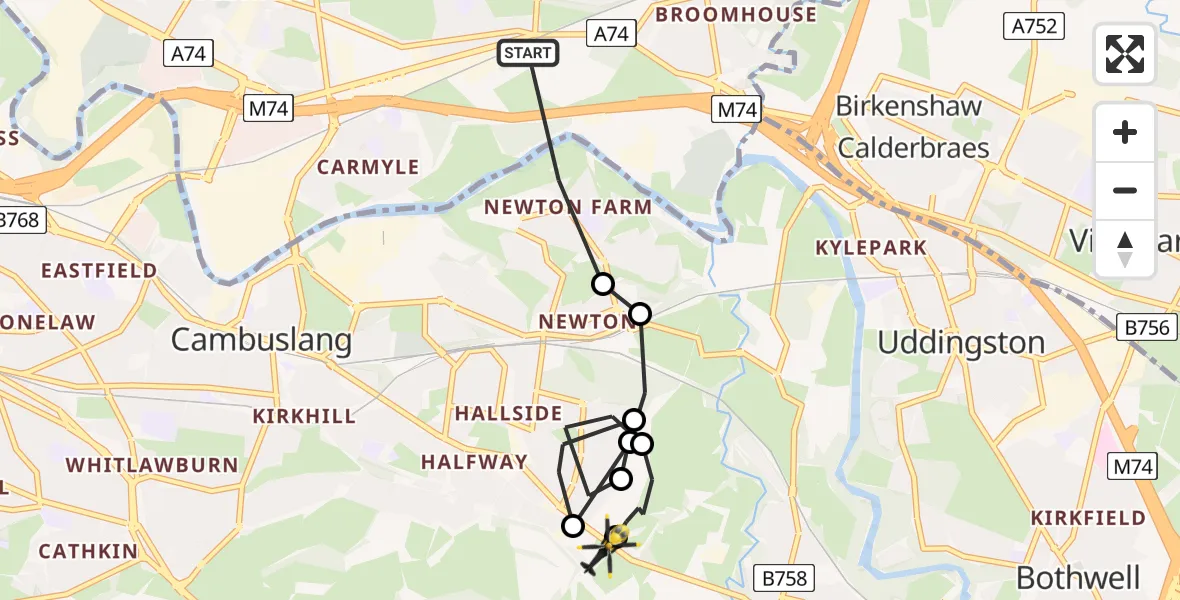 Flight path map showing Police Helicopter route from Glasgow to Cambuslang