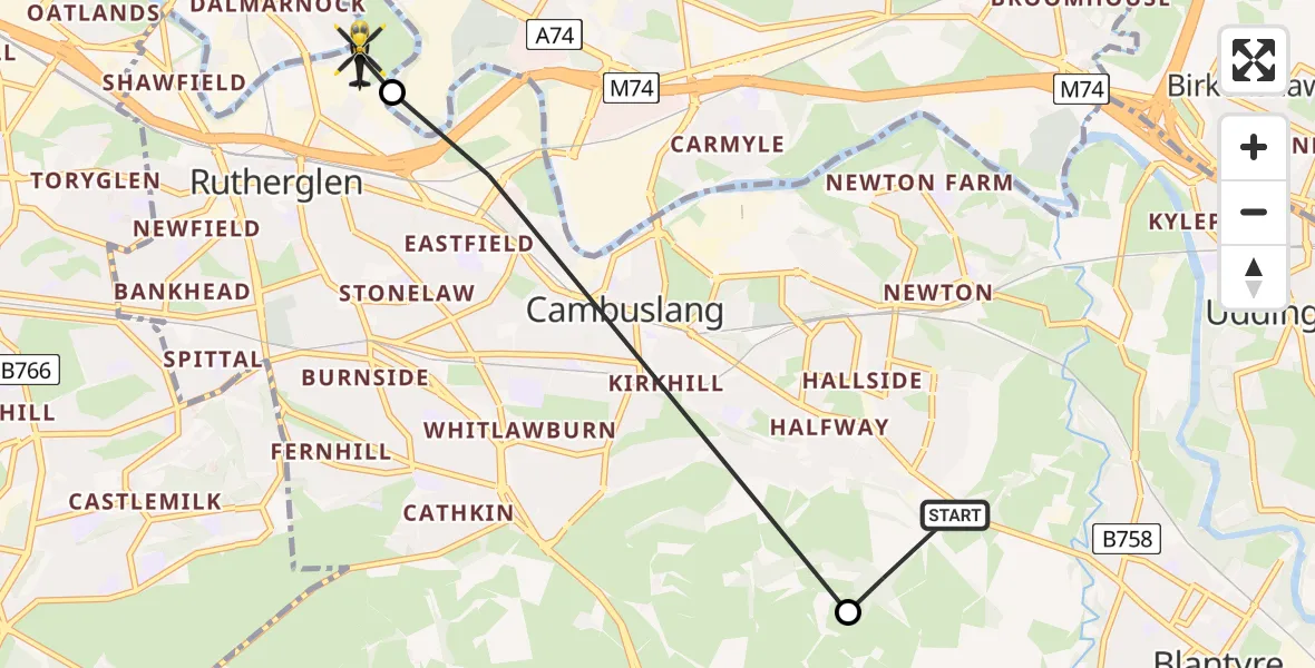 Flight path map showing Police Helicopter route from Blantyre to Glasgow