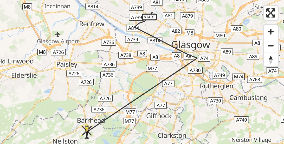 Flight path map showing Police Helicopter route from Glasgow to Barrhead