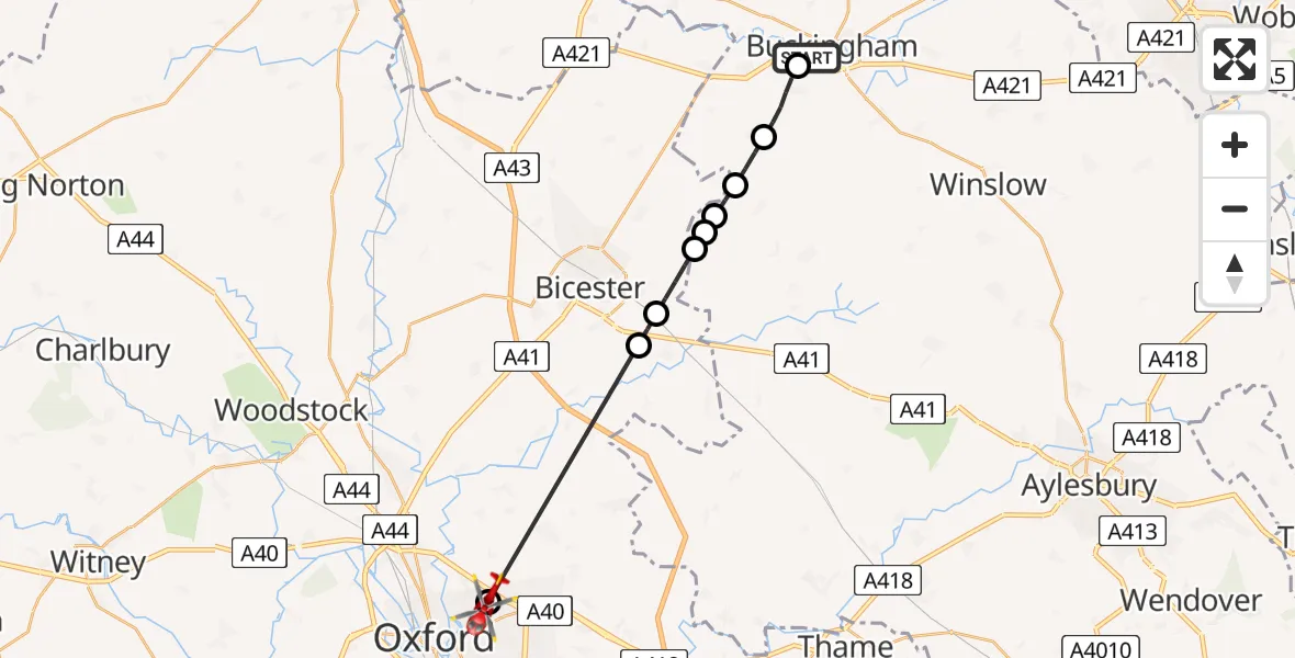 Flight path map showing Air Ambulance Helicopter route from Buckingham to Oxford