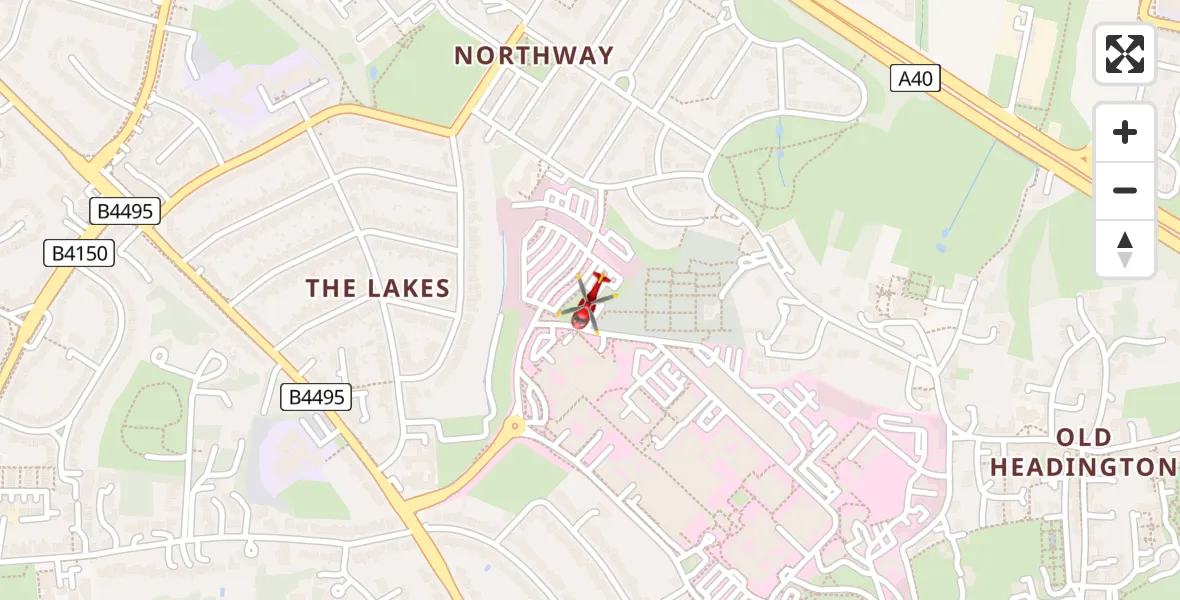 Flight path map showing Air Ambulance Helicopter route from John Radcliffe Hospital to John Radcliffe Hospital