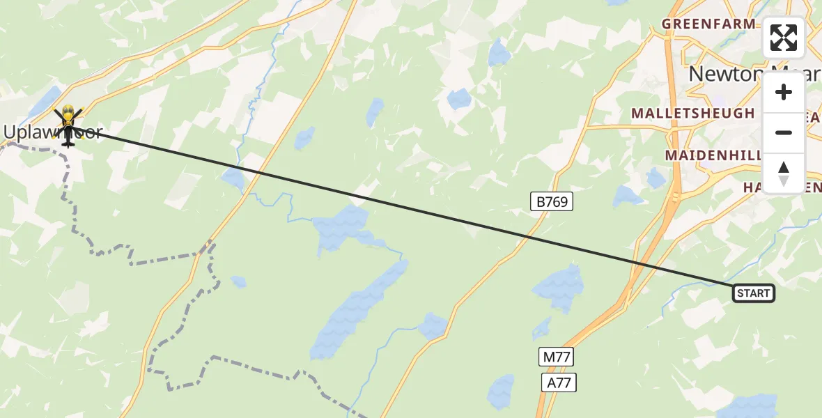 Flight path map showing Police Helicopter route from Newton Mearns to Uplawmoor