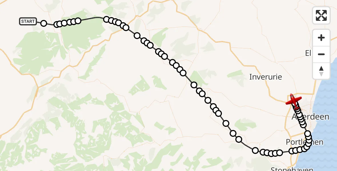 Flight path map showing Air Ambulance Aircraft route from Highland to Aberdeen International Airport