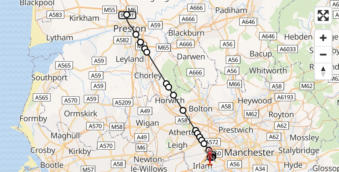 Flight path map showing Air Ambulance Helicopter route from Royal Preston to Irlam