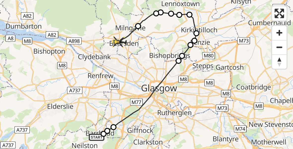 Flight path map showing Police Helicopter route from Barrhead to Glasgow
