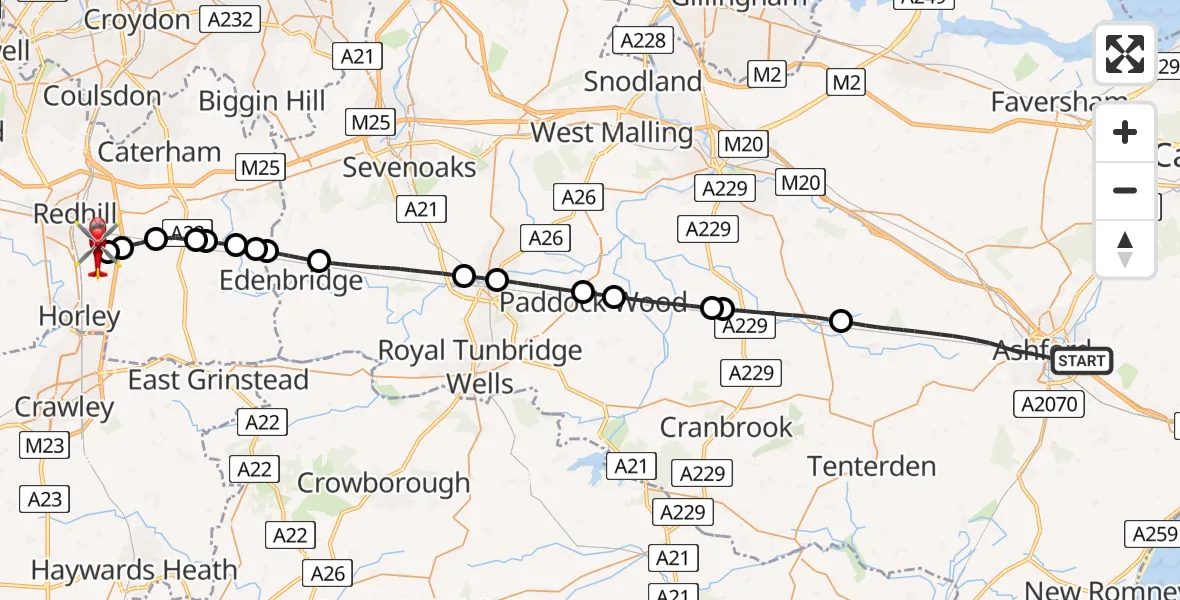 Flight path map showing Air Ambulance Helicopter route from Ashford to Redhill Aerodrome