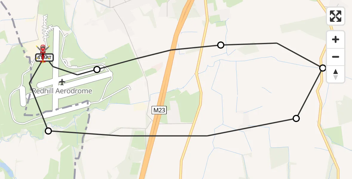 Flight path map showing Air Ambulance Helicopter route from Redhill Aerodrome to Redhill Aerodrome