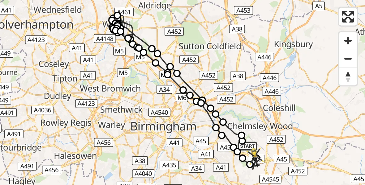Flight path map showing Police Helicopter route from Birmingham Airport to Solihull
