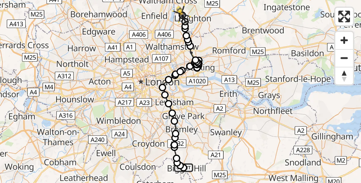 Flight path map showing Police Helicopter route from Bromley to Metropolitan Police Air Support Unit Lippitts Hill
