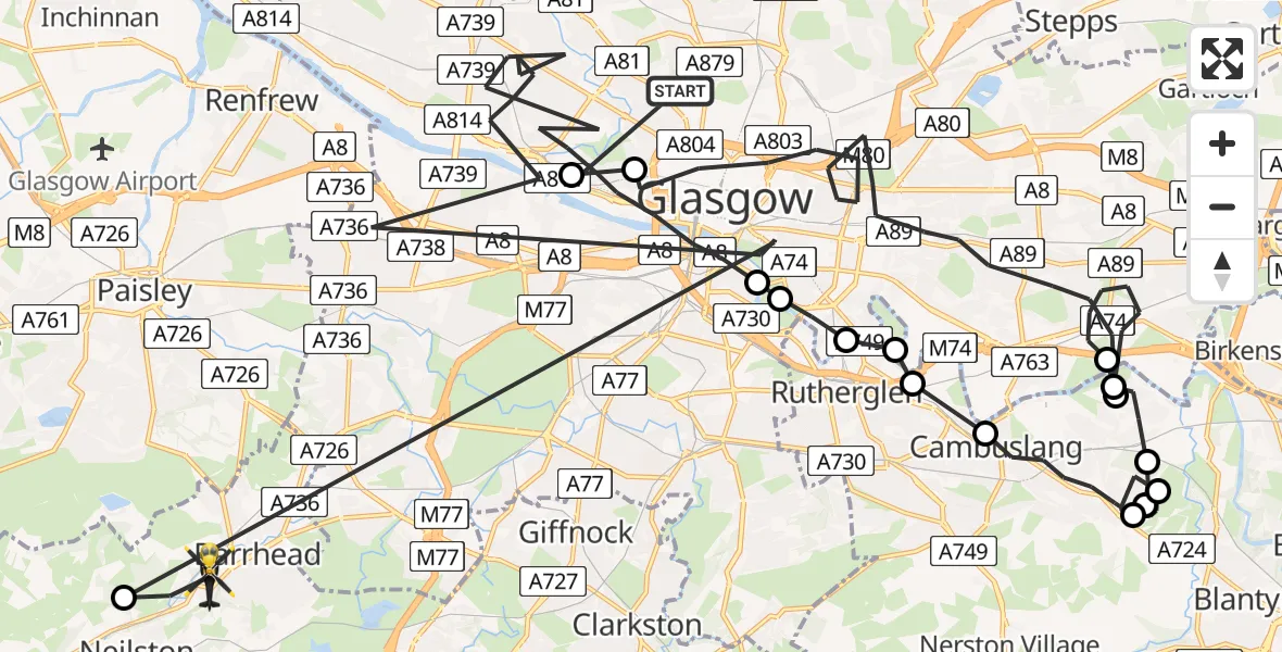 Flight path map showing Police Helicopter route from Glasgow to Barrhead