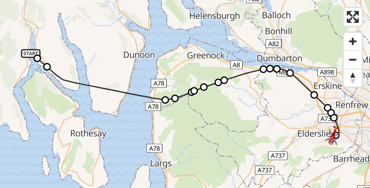 Flight path map showing Air Ambulance Helicopter route from Argyll and Bute to Royal Alexandria Hospital Paisley