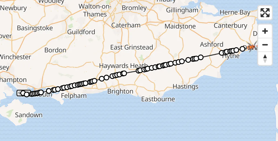 Flight path map showing Coastguard Helicopter route from Solent Airport to Dover