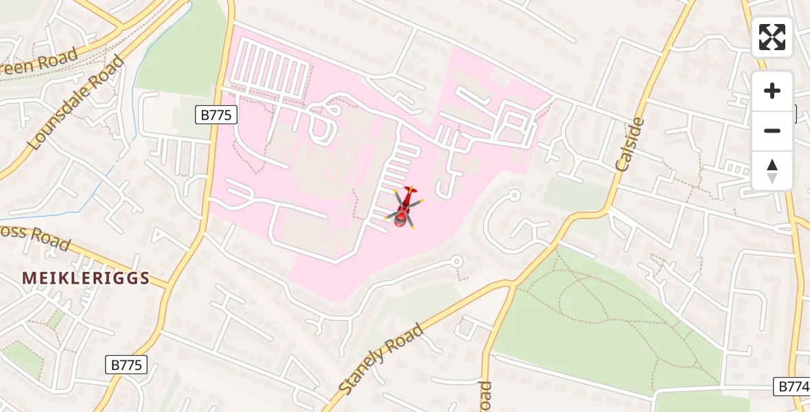 Flight path map showing Air Ambulance Helicopter route from Royal Alexandria Hospital Paisley to Royal Alexandria Hospital Paisley