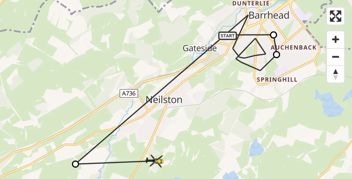 Flight path map showing Police Helicopter route from Barrhead to Neilston