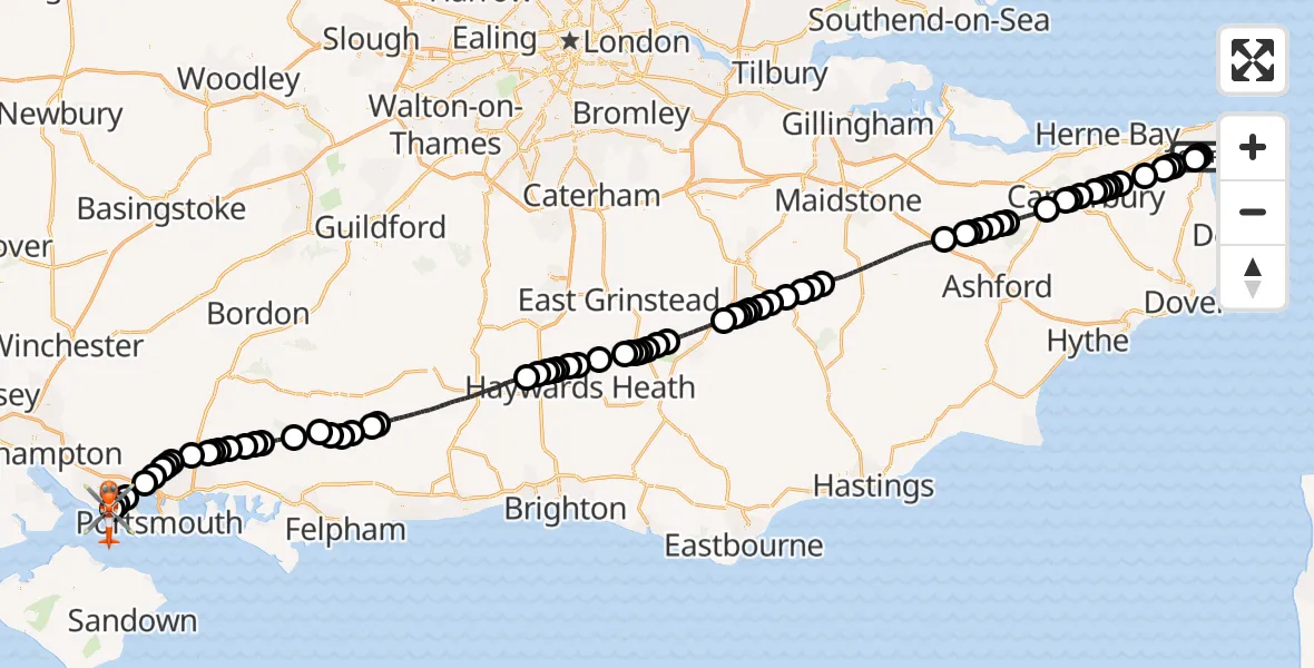 Flight path map showing Coastguard Helicopter route from Manston Airport to Solent Airport