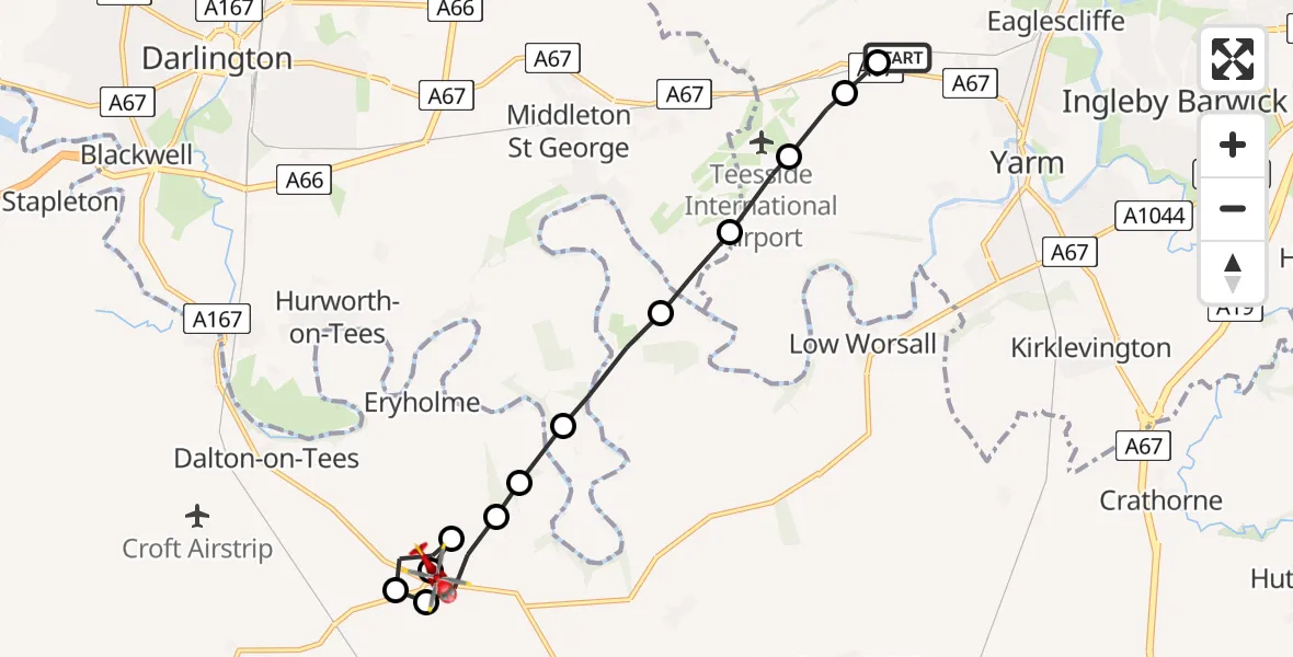 Flight path map showing Air Ambulance Helicopter route from Longnewton to East Cowton