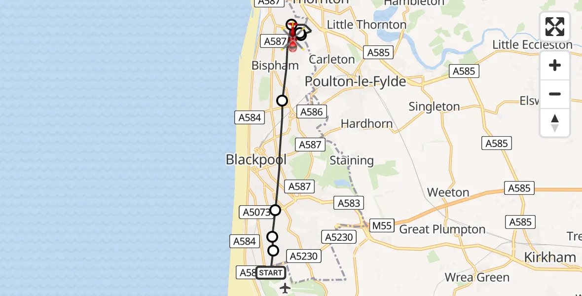 Flight path map showing Air Ambulance Helicopter route from Blackpool Airport to Bispham