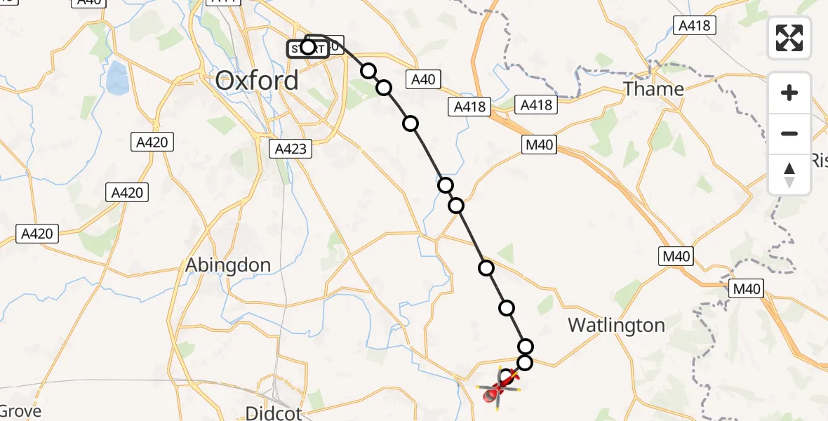 Flight path map showing Air Ambulance Helicopter route from John Radcliffe Hospital to RAF Benson