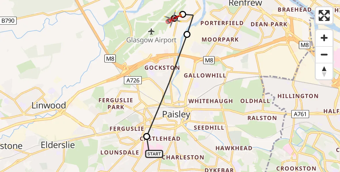 Flight path map showing Air Ambulance Helicopter route from Royal Alexandria Hospital Paisley to Glasgow Airport