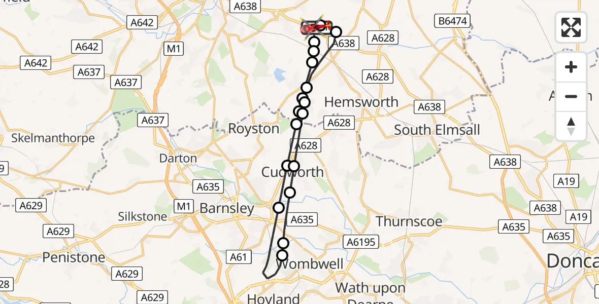 Flight path map showing Air Ambulance Helicopter route from YAA Nostell Helicopter Port to YAA Nostell Helicopter Port