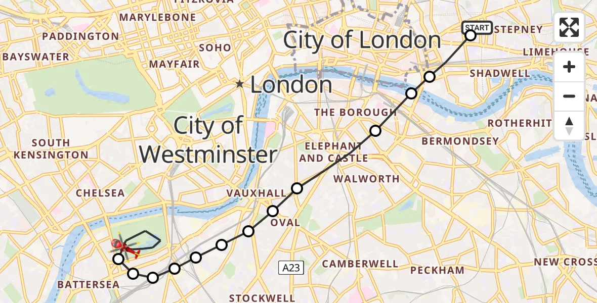 Flight path map showing Air Ambulance Helicopter route from Royal London Hospital to Battersea