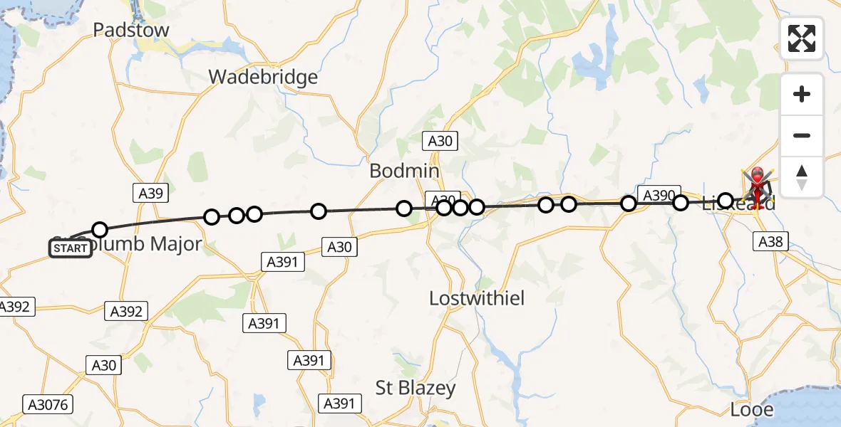 Flight path map showing Air Ambulance Helicopter route from Cornwall Airport Newquay to Liskeard