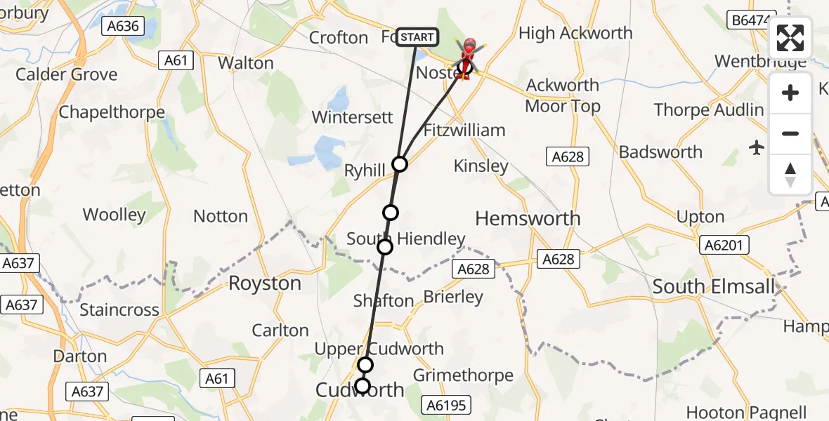 Flight path map showing Air Ambulance Helicopter route from YAA Nostell Helicopter Port to Wragby