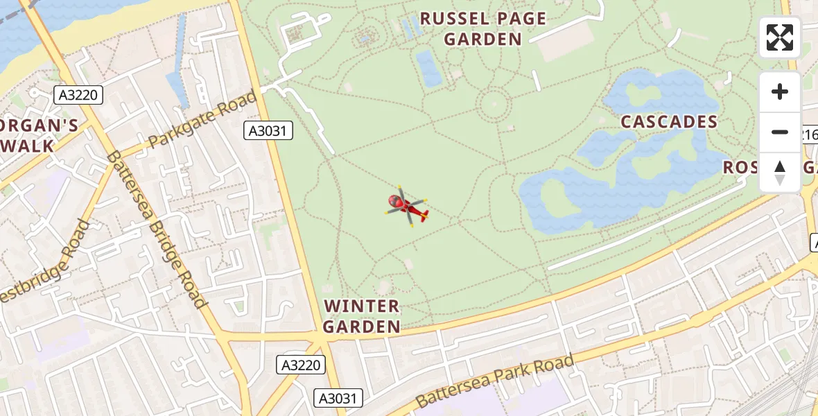 Flight path map showing Air Ambulance Helicopter route from Battersea to Battersea