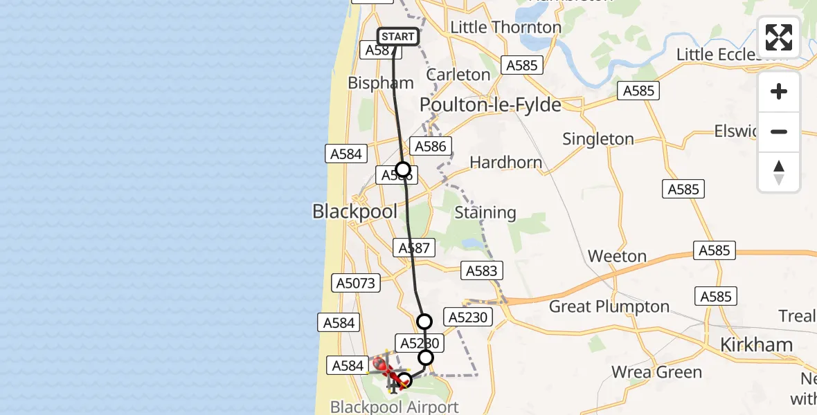 Flight path map showing Air Ambulance Helicopter route from Bispham to Blackpool Airport