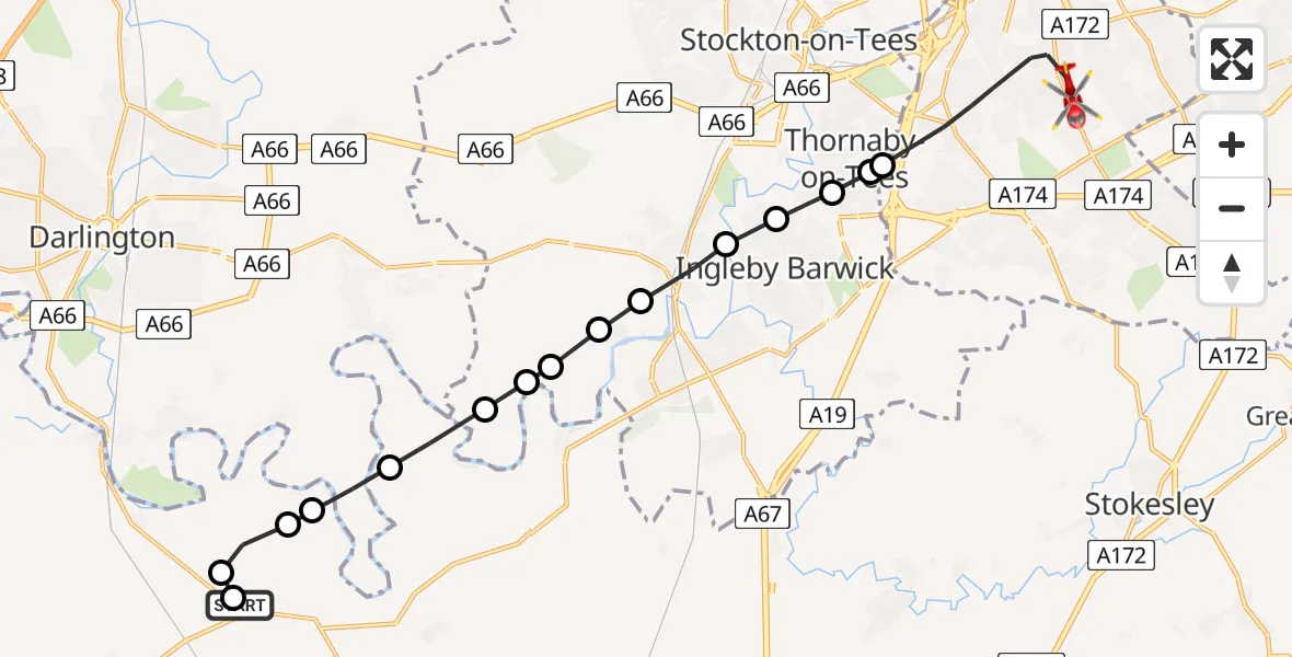 Flight path map showing Air Ambulance Helicopter route from Dalton-on-Tees to Middlesbrough
