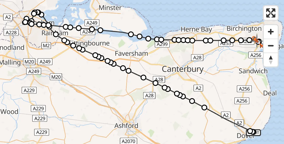 Flight path map showing Coastguard Helicopter route from Langdon Battery Heliport to Manston Airport