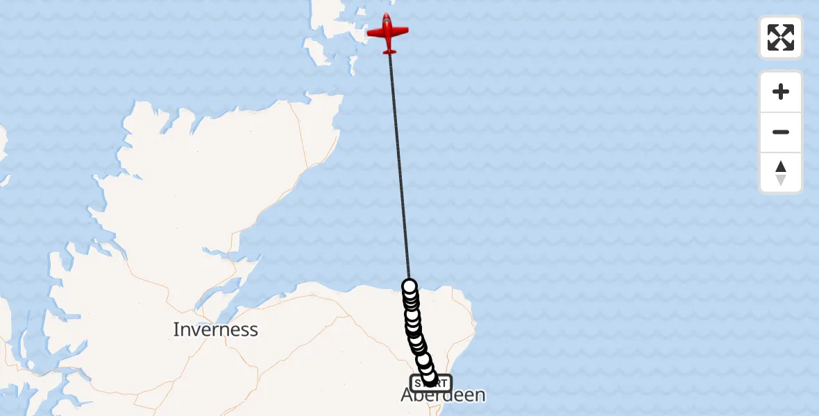 Flight path map showing Air Ambulance Aircraft route from Aberdeen International Airport to North Sea