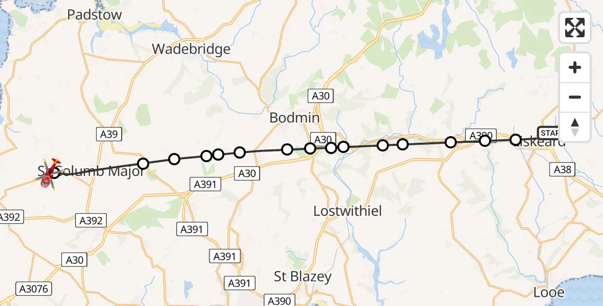 Flight path map showing Air Ambulance Helicopter route from Liskeard to Cornwall Airport Newquay