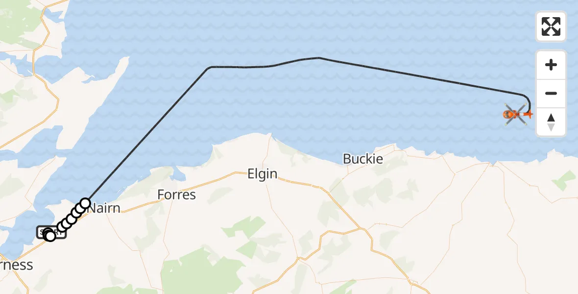 Flight path map showing Coastguard Helicopter route from Inverness Airport to North Sea